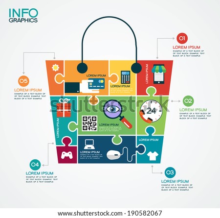 E-commerce infographic Template with bag, puzzle and interface icons . Concept add to bag. Set of modern design icons in flat design with trendy colors for web and apps. E-commerce background