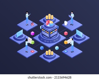 E-Commerce Integrated Accounting Isometric Illustration Dark Gradient. Suitable for Mobile App, Website, Banner, Diagrams, Infographics, and Other Graphic Assets.