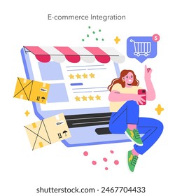 E-commerce integration concept. A woman shops online with ease, surrounded by a digital interface showcasing ratings, cart, and parcels. Vector illustration.