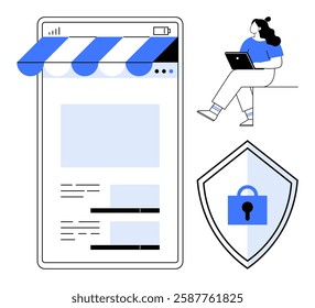 E-commerce interface with blue awning, security shield with padlock, woman using laptop. Ideal for online safety, cybersecurity, e-commerce, data protection, user interface design, web development