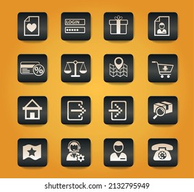 e-commerce interface symbols on black buttons on yellow background