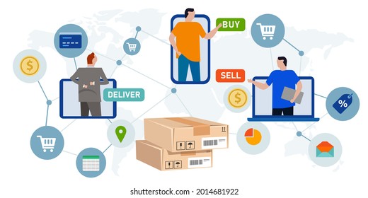 ecommerce international worldwide people buy online from mobile smartphone retail market delivery box global trading transaction digital