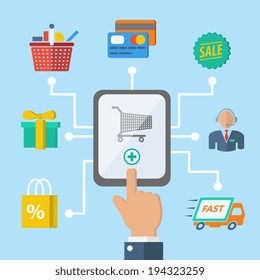 E-commerce internet shopping hand with mobile device and retail icons vector illustration