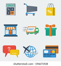 E-commerce internet shopping icons set of calculating packing delivery payment elements vector illustration