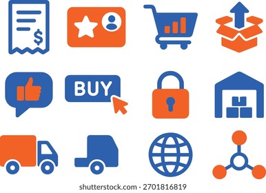 E-Commerce-Rechnung mit Sternzeichen und dergleichen für Shop-Lieferung und Kauf-Konzept in blau und orange Illustration