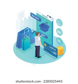 Ecommerce isometric concept with customer paying for shopping online with credit card 3d vector illustration