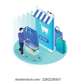 Ecommerce isometric concept with shopping bags smartphone customer making purchases online 3d vector illustration