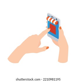 Ecommerce isometric icon with consumer hands placing order online 3d vector illustration