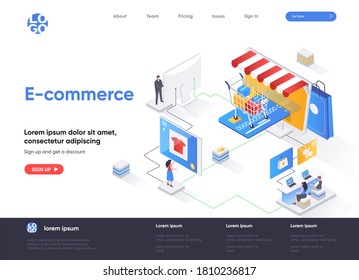 E-commerce isometric landing page design. Online shopping marketplace isometry concept. Retail distribution, order and delivery application flat web page. Vector illustration with people characters.