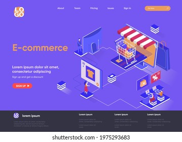 E-commerce isometric landing page design. Online shopping marketplace isometry concept. Retail distribution, order and delivery application flat web page. Vector illustration with people characters.