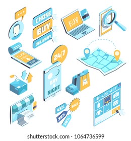 E-commerce isometric set in blue yellow colors with mobile devices, internet purchases, delivery isolated vector illustration