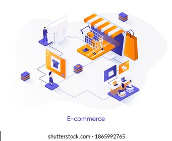 E-Commerce isometrischen Web-Banner. Online-Shopping-Plattform-Isometrie-Konzept. Kundenservice 3D-Szene, Bestellung und Lieferservice flach Design. Vektorgrafik mit Menschen-Zeichen.