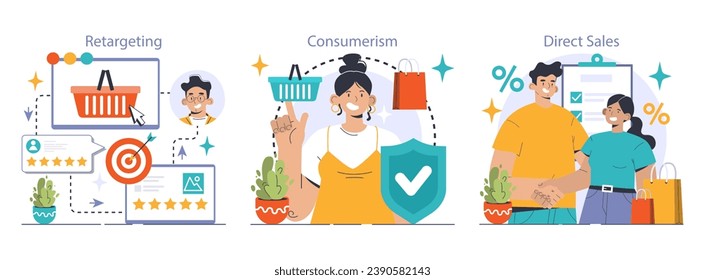 E-commerce journey set. Engaging in retargeted shopping, embracing modern consumerism trends, successful direct sales transactions. Engaging visuals. Safe transactions. Flat vector illustration