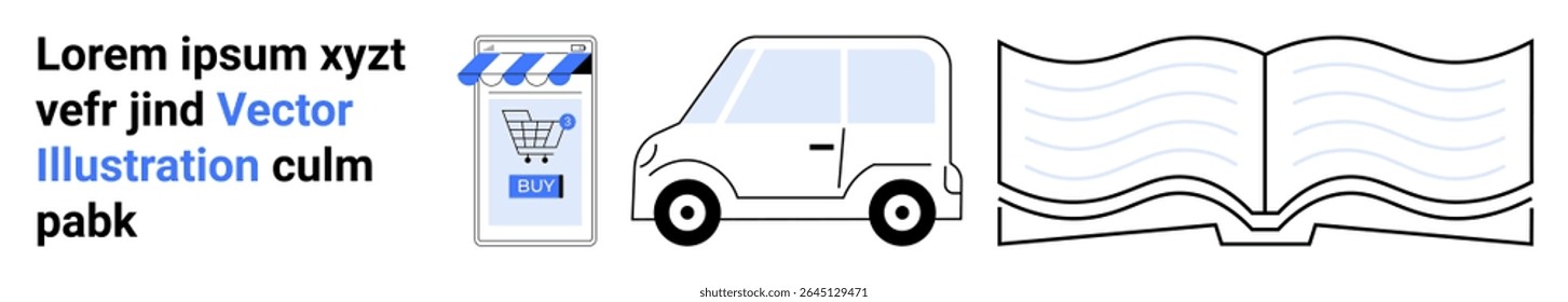 E-commerce kiosk with shopping cart, delivery van, and open book with text elements. Ideal for online shopping, delivery services, educational platforms, digital marketing, logistics, retail