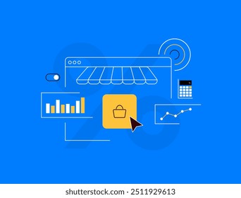 Ecommerce KPI with data analytics for tracking and growing sales. E-commerce key performance indicators and metrics. Sales growth, conversion rates, online business success, sales trends illustration