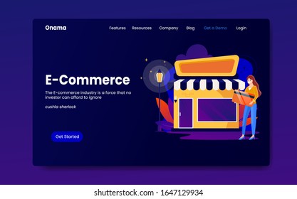 E-commerce landing page template with shop and woman design concepts. a woman holding a credit card. Flat vector illustration concept for web pages for web sites