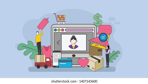 E-commerce Landing Page Template. E-commerce Store Shopping Online with Gadget, Chart, Box and Delivery. Line Art Cartoon Vector Illustration Suitable for Website Page, Advertisement. - Vector