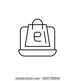 Portátil de comercio electrónico, icono vector de contorno de paquete.