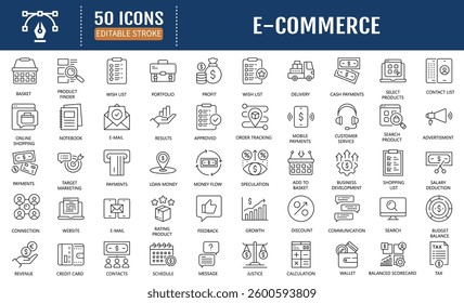 E-commerce line editable icon set. Containing as shopping, commerce, store, discount, shopping cart, delivering, wallet, and more. Vector Illustration