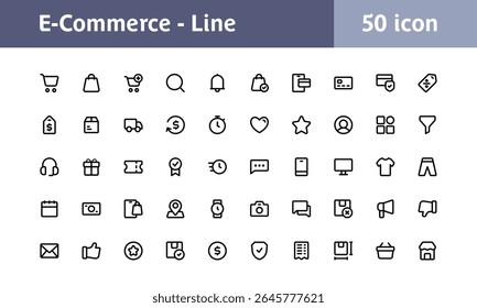 E-commerce line editable icon set. Contains icons as mobile shop, shopping cart, testimonials, shipping and delivery, fashion and more.