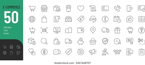 Conjunto de iconos editables de línea de comercio electrónico. Ilustración vectorial en el estilo moderno de la línea delgada de los iconos relacionados del marketing en línea: compra, entrega, Asistencia y otros. Pictogramas e infografías para App móviles