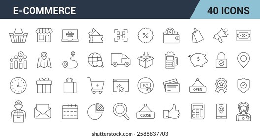 E-Commerce Line Editable Icons Set. Online shopping, web, mobile app, Business, shop, digital, marketing, bank, card, gifts, sale, delivery. Vector illustration.