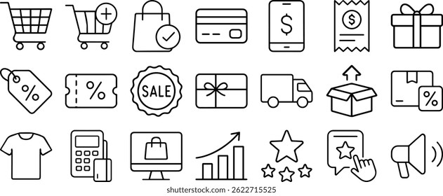 Conjunto de iconos editables de línea de comercio electrónico: Ilustración vectorial en estilo de línea delgada moderna con marketing, métodos de pago y pictogramas de compras en línea