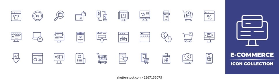 Colección de iconos de línea de comercio electrónico. Trazo editable. Ilustración vectorial. Conteniendo compras, gráfico circular, búsqueda, pago, smartphone, página web, farmacia en línea, compras en línea, carrito de compras, sitio web.