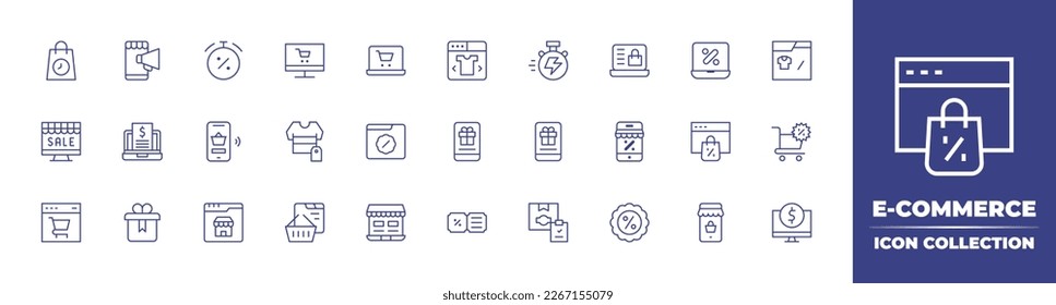 E-commerce line icon collection. Editable stroke. Vector illustration. Containing shopping bag, advertisement, sales, online shopping, clothes, flash sale, shopping, online discount, invoice, phone.
