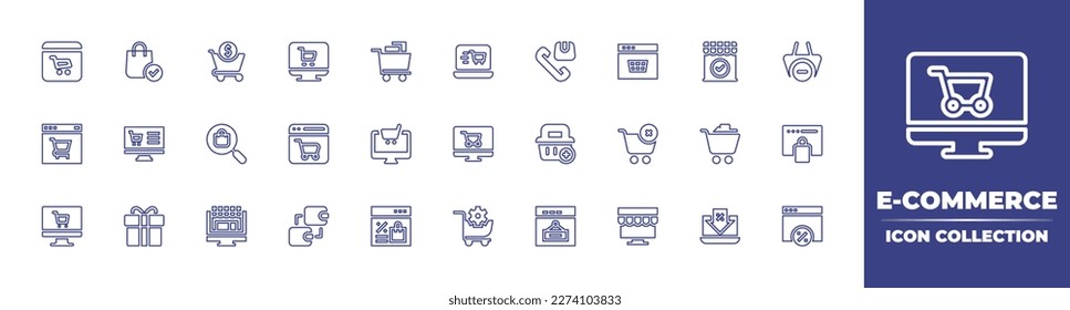 E-Commerce line icon collection. Editable stroke. Vector illustration. Containing online store, shopping bag, shopping cart, ecommerce, check out, customer support, shop, basket, online shopping.