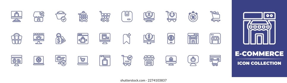 E-Commerce line icon collection. Editable stroke. Vector illustration. Containing online shopping, official store, ecommerce, shopping cart, box, computer, sale time, shopping bag, online shop, price.