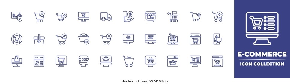 E-Commerce Line Icon Sammlung. Bearbeitbarer Strich. Vektorgrafik. Mit sicheren Zahlungen, E-Commerce, fügen Sie Warenkorb, Online-Shop, Auto, Geld, Warenkorb, zum Warenkorb, Kuchen-Chart, Warenkorb, Online-Shopping hinzu.