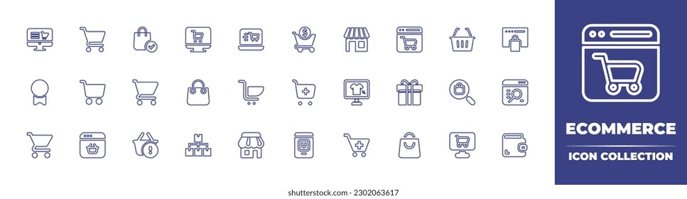 Ecommerce line icon collection. Editable stroke. Vector illustration. Containing ecommerce, grocery store, shopping bag, check out, shopping cart, store, purchase, shopping basket, badge, cart, online