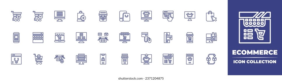 Ecommerce line icon collection. Editable stroke. Vector illustration. Containing shopping basket, shopping bag, market, shopping online, bag, online shop, online shopping, blockchain, computer.