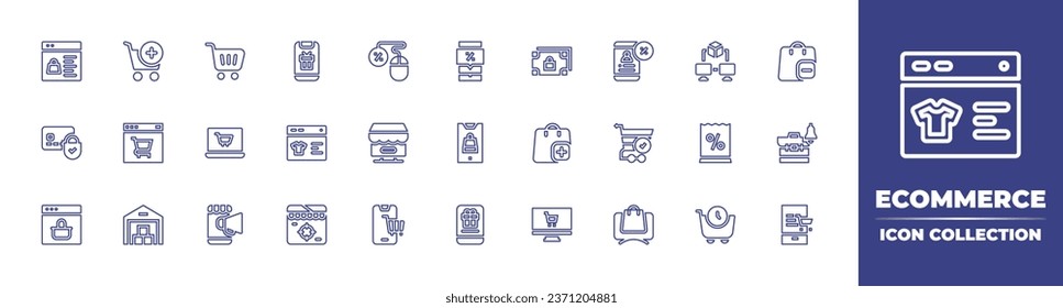 Ecommerce line icon collection. Editable stroke. Vector illustration. Containing online shopping, online store, online shop, add to cart, shopping cart, secure payment, ecommerce, warehouse, advertise