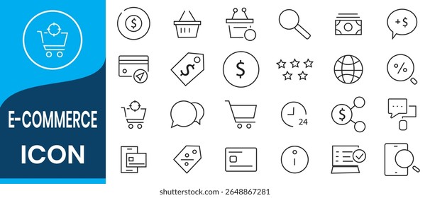 Conjunto de colección de icono de línea de comercio electrónico. Contiene Carrito de compras, etiqueta de venta, bolso, tarjetas de crédito, búsqueda, cesta, ícono de calidad. Vector plano simple.
