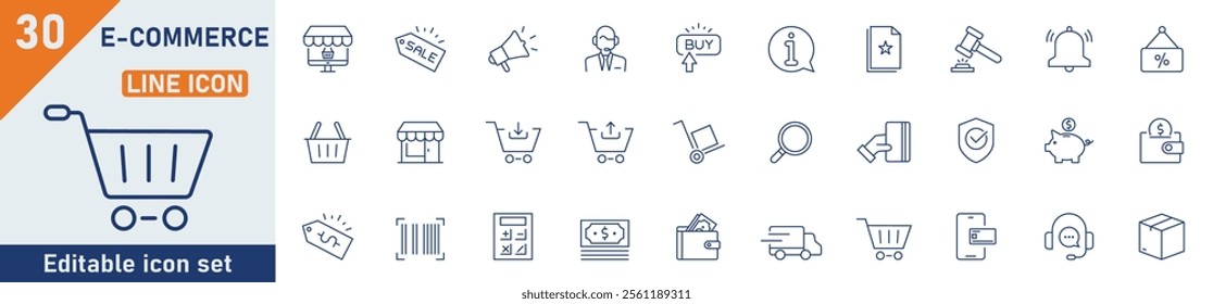 E-Commerce line icon set. Set of 30 outline icons related to e-commerce, mobile shop, digital marketing, business, sale, delivery and others. Editable stroke. Vector illustration.