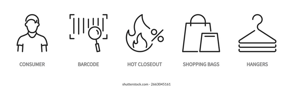 Conjunto de iconos de línea de comercio electrónico. Consumidor, código de barras, cierre caliente, venta, bolsas de compras, signo de perchas. Ilustración vectorial. Trazo editable. Diseño plano. Aislado en un fondo blanco.