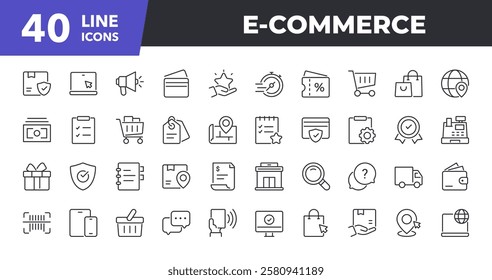 E-Commerce Line Icon Set. Contains such icons as Shopping, Retail Store, Delivery, Payment. Vector illustration