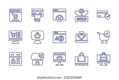 E-Commerce line icon set. Editable stroke. Vector illustration. Containing online shopping, ecommerce, discount, sold, secure payment, e commerce, official store, online shop, online store.