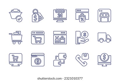Juego de iconos de línea de comercio electrónico. Trazo editable. Ilustración vectorial. Conteniendo ecommerce, etiqueta de precio, compra online, web, compra, venta online, dinero, coche, transacción, soporte al cliente, comercio.