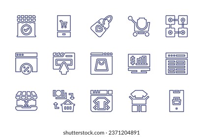 Ecommerce line icon set. Editable stroke. Vector illustration. Containing shop, discount, commerce, tag, shopping cart, bitcoin, online shop, online shopping, pc, website, shopping, unboxing.
