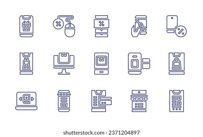 Ecommerce line icon set. Editable stroke. Vector illustration. Containing blockchain, smartphone, online sale, discount, mobile, shopping, package, payment, buy, book, online shop