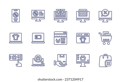 Conjunto de iconos de línea de comercio electrónico. Trazo editable. Ilustración vectorial. Con descuento en línea, pago, compras en línea, venta en flash, cupón, tienda en línea, compras, carrito de compras, búsqueda, caja, compras.