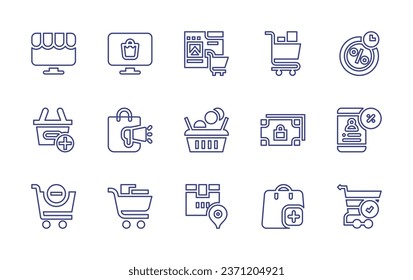 E-Commerce-Linie Symbol gesetzt. Bearbeitbarer Strich. Vektorgrafik. Mit Online-Shop, Einkaufstasche, Online-Shopping, Einkaufswagen, Rabatt, Warenkorb, Paket, Geld, Add.