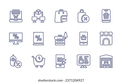 Ecommerce line icon set. Editable stroke. Vector illustration. Containing shopping bag, blockchain, phone, online shopping, meeting, store, warehouse, online shop, order food, online, paper bag.