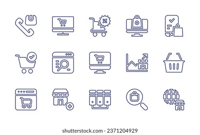 Ecommerce line icon set. Editable stroke. Vector illustration. Containing customer support, online shopping, shopping cart, purchase, ecommerce, search engine, broswer, profit, shopping basket, store.