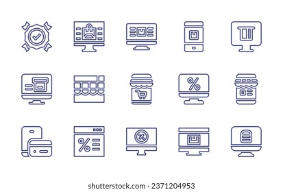 Ecommerce line icon set. Editable stroke. Vector illustration. Containing quality control, delivery, online shopping, delivery box, monitor, online shop, smartphone, payment, sale, computer, website.