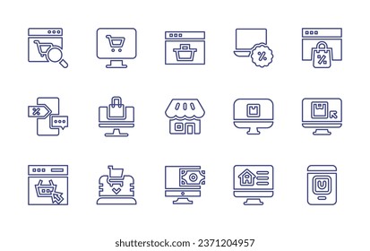 Ecommerce line icon set. Editable stroke. Vector illustration. Containing searching, online shopping, laptop, discount, store, online shop, ecommerce.