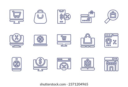 Ecommerce line icon set. Editable stroke. Vector illustration. Containing online shop, shopping bag, smartphone, payment, search, computer, discount, online shopping, trade, web, laptop.